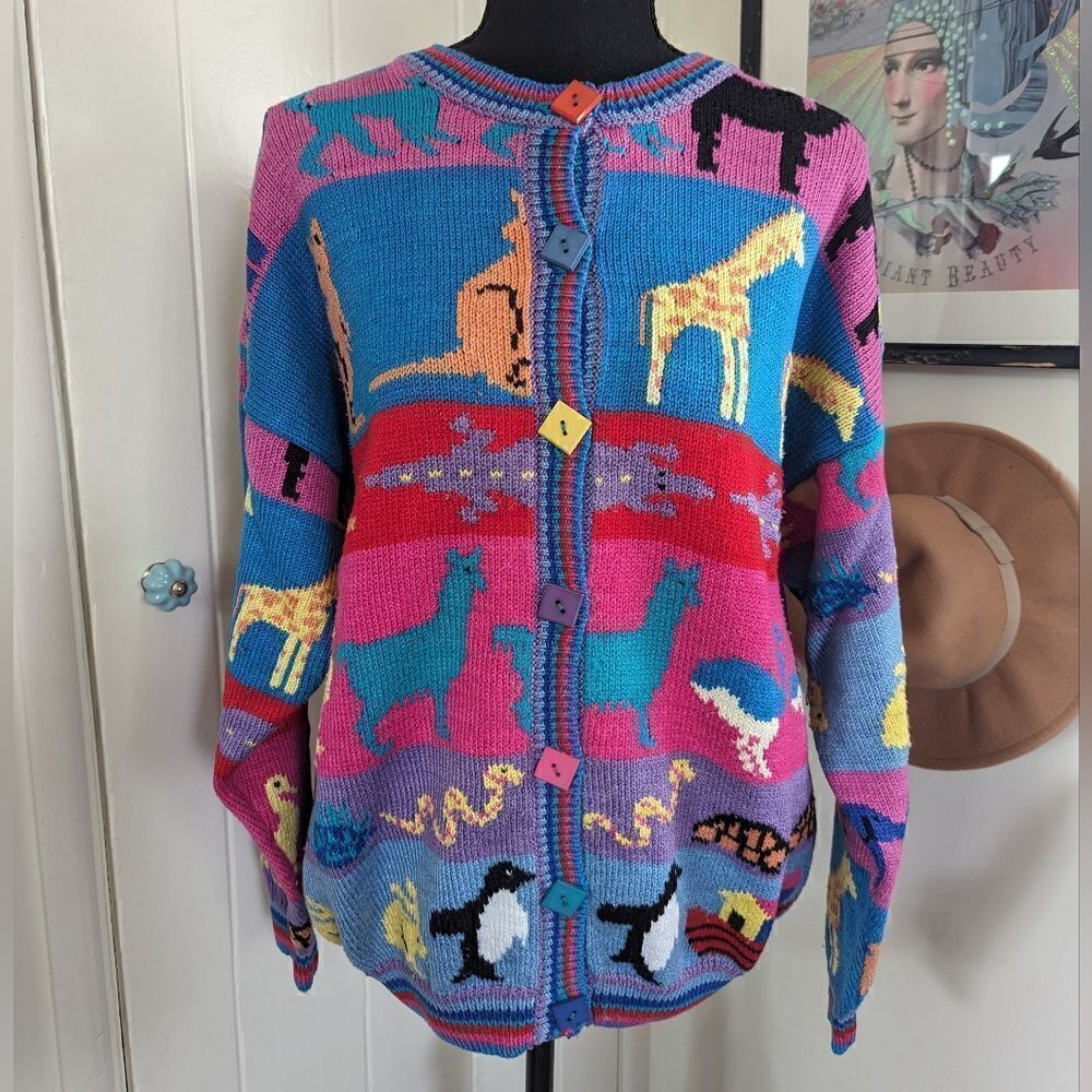 VTG Grannycore Christine Foley Noah’s Ark Cardigan Sweater Animals Circus 2